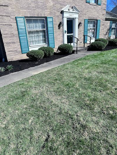 A brick house with blue shutters and a lush green lawn in front of it.
