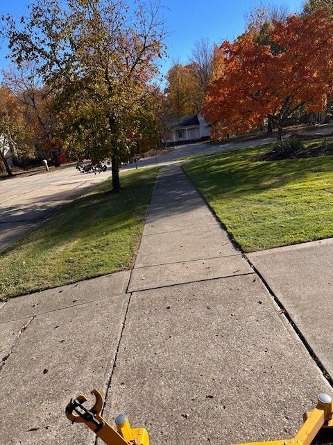 Sidewalk in residential area with fall foliage; sunny day. Yellow lawnmower visible in foreground.