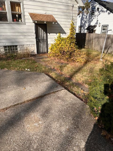 A house exterior with a driveway, door, and small, yellow bush.