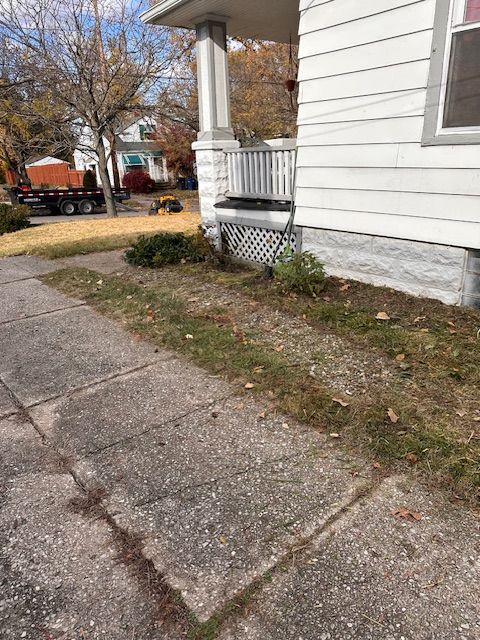 Sidewalk and overgrown lawn next to a white house with a porch.