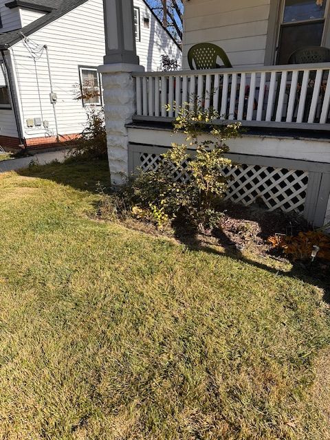Lawn with dry grass and small garden bed next to a white porch with decorative lattice.