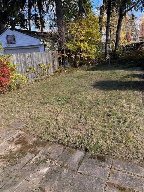 Grassy backyard with a weathered wooden fence, trees, and a patio of stone tiles.