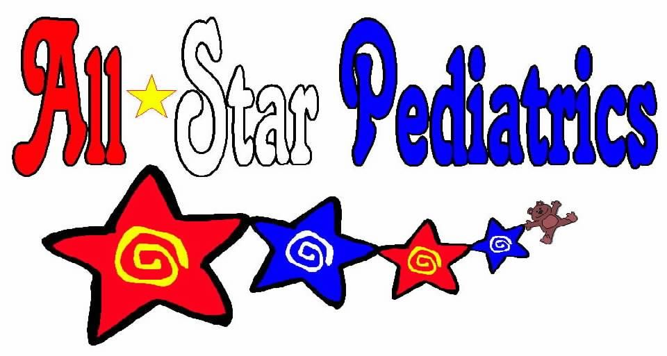 All-Star Pediatrics logo: text with a star graphic, red, white, and blue colors.
