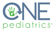 Logo for ONE Pediatrics. Blue circle with a green handprint and arrow through 