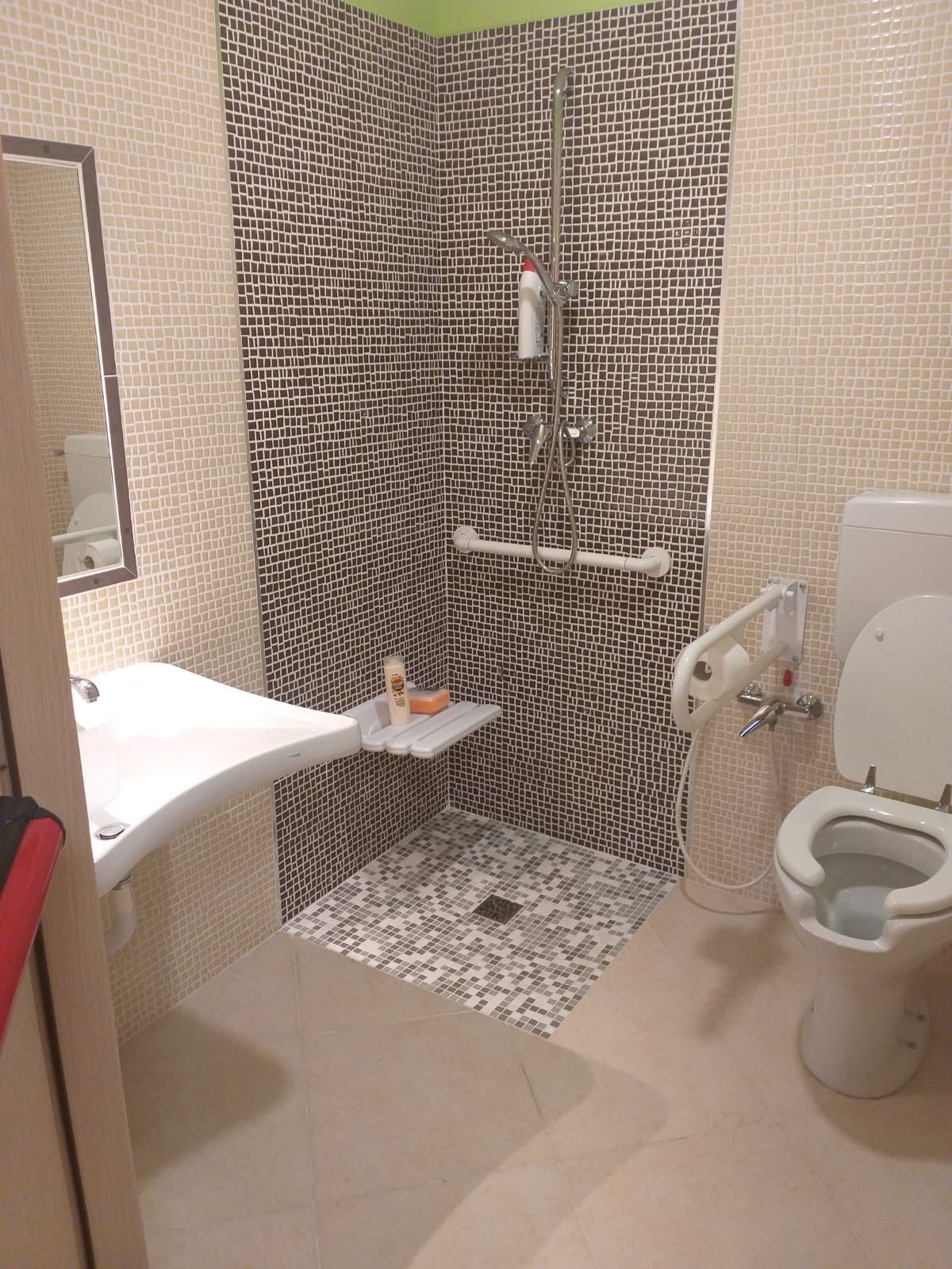 Bagno accessibile: doccia con maniglioni, lavandino pieghevole, WC rialzato con maniglione, piastrelle a mosaico.