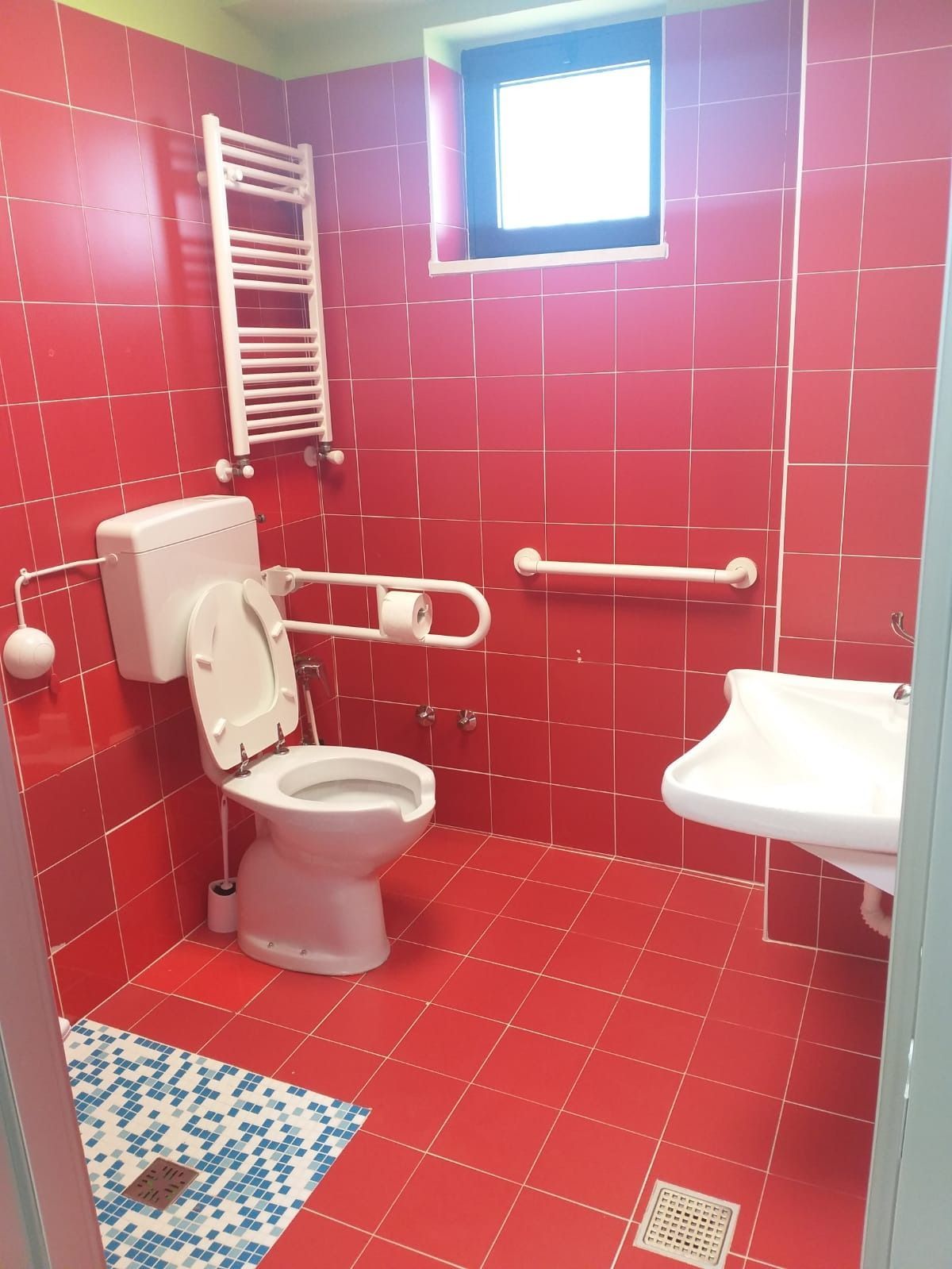 Bagno accessibile con piastrelle rosse, WC, lavandino e barre di sicurezza. Portasciugamani bianco, piccola finestra.