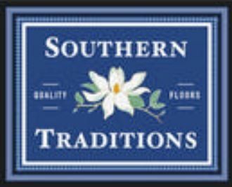 Logo for Southern Traditions. White magnolia, text on blue background.