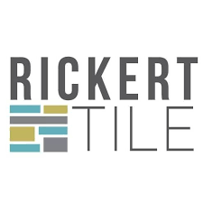 Logo for Rickert Tile, featuring gray text and a tile block design with teal, gray, and gold rectangles.