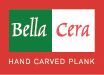 Bella Cera logo on red background with green and white squares.