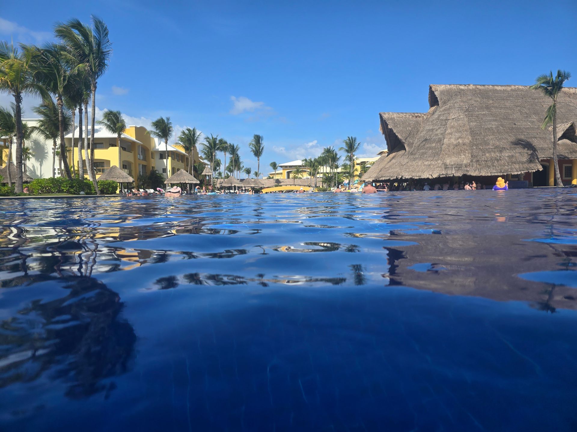 A low-angle view of a swimming pool with rippling blue water reflecting a resort featuring palm trees and a thatched roof.