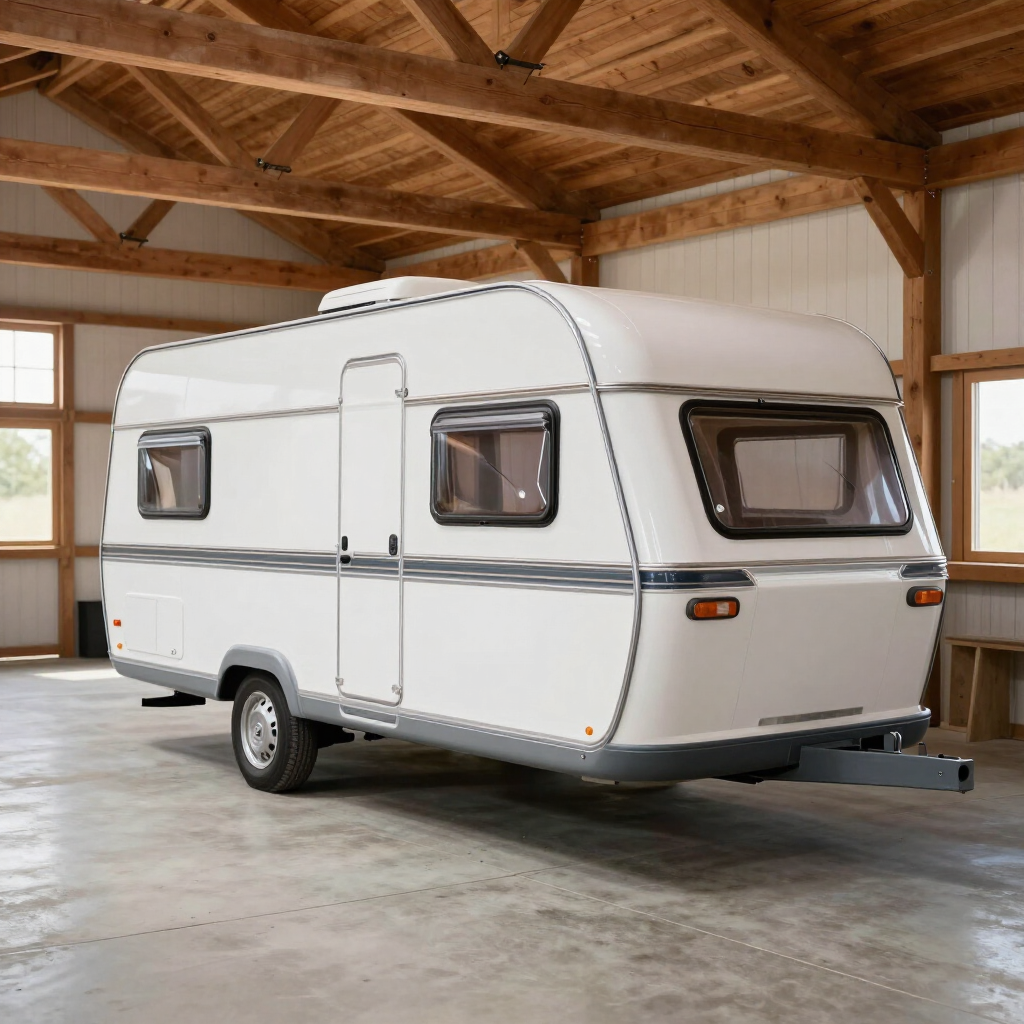 Witte caravan met een interieur in de stijl van een houten schuur, voorzien van ramen en een zwarte trekhaak.