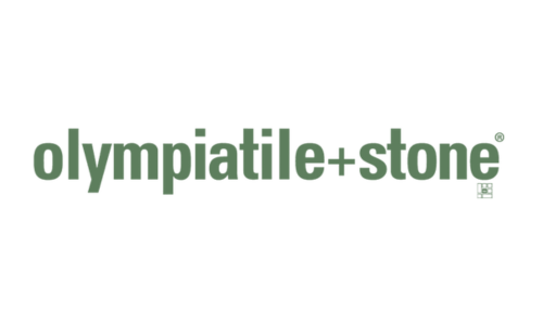 The olympiatile + stone logo is green and white on a white background.