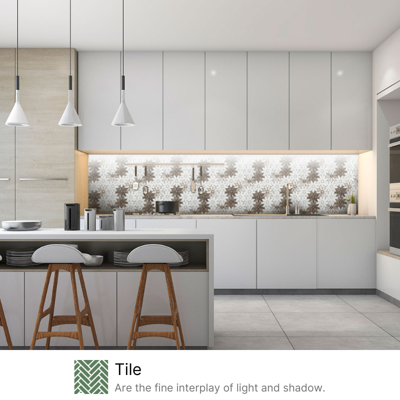 A kitchen with white cabinets and wooden stools