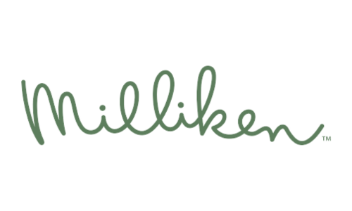 The logo for milliken is green and has a white background.