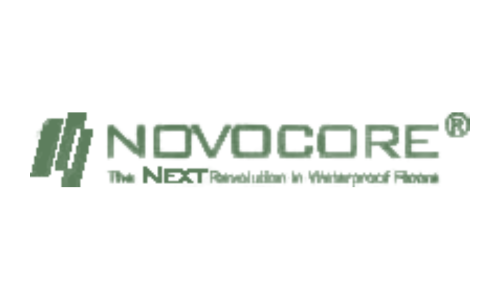 The novocore logo is green and white and says the next revolution in waterproof floors.