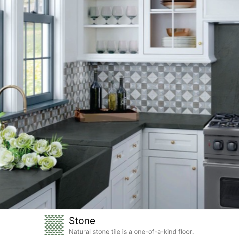 A kitchen with a black counter top and white cabinets