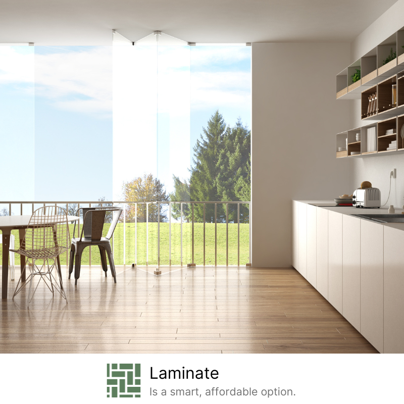 A kitchen with a table and chairs and the words laminate is a smart affordable option
