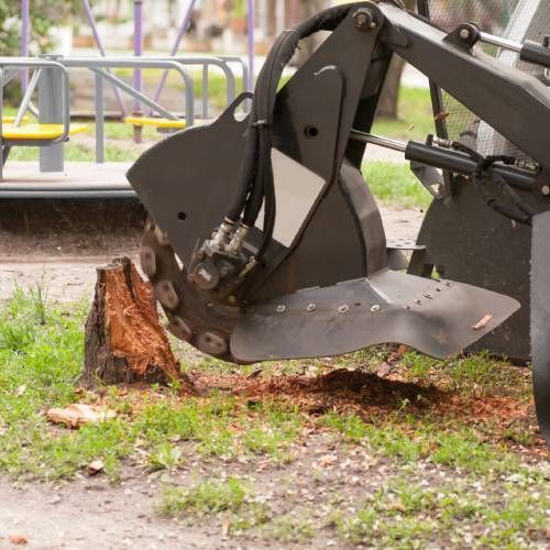 A machine is cutting a tree stump in the ground.