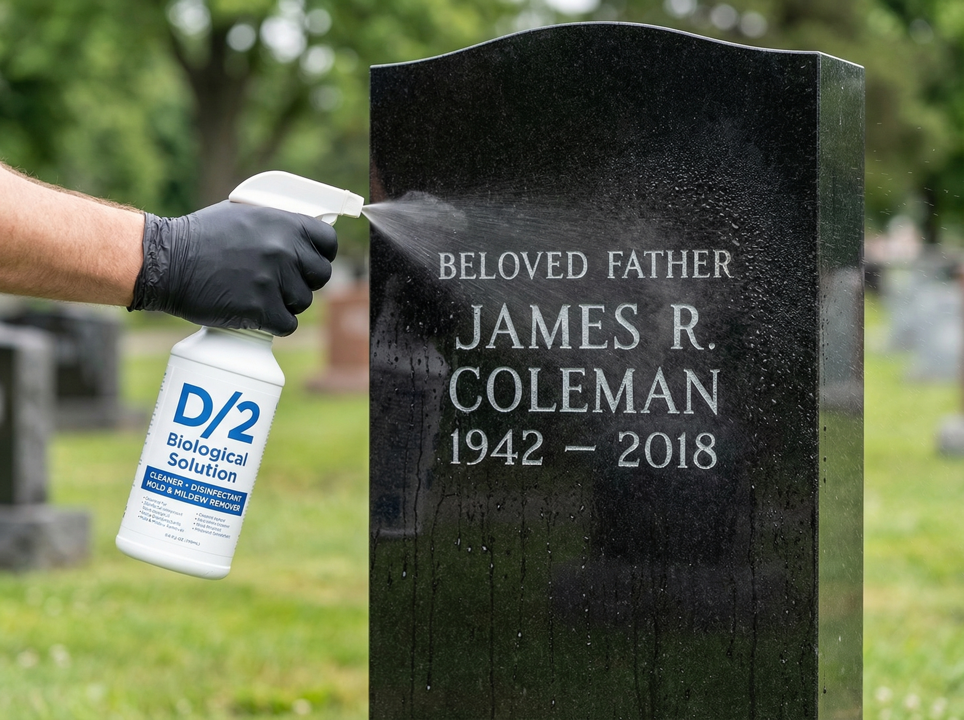 Applying D/2 Biological Solution to granite headstone surface