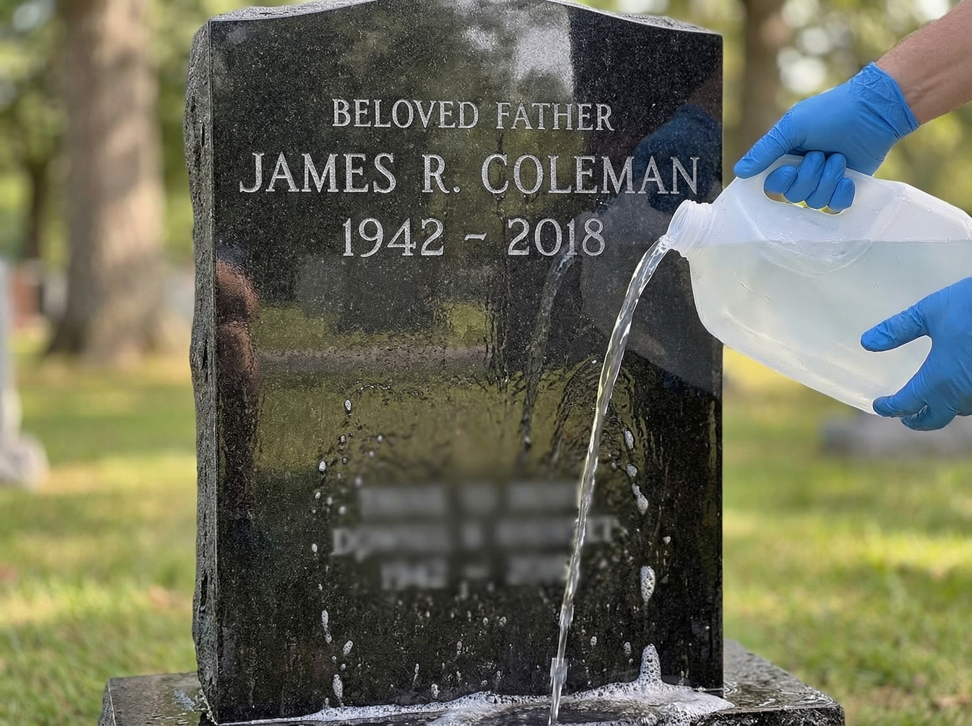 Rinsing granite headstone with clean water after scrubbing