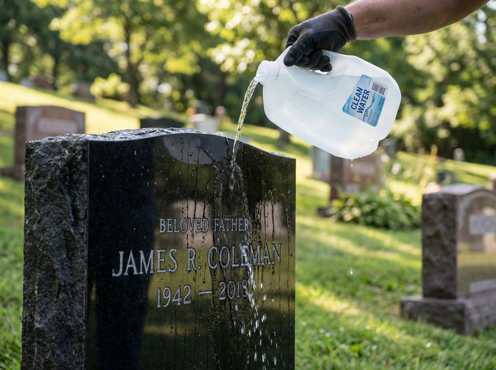 Pouring water over granite headstone to wet surface before cleaning