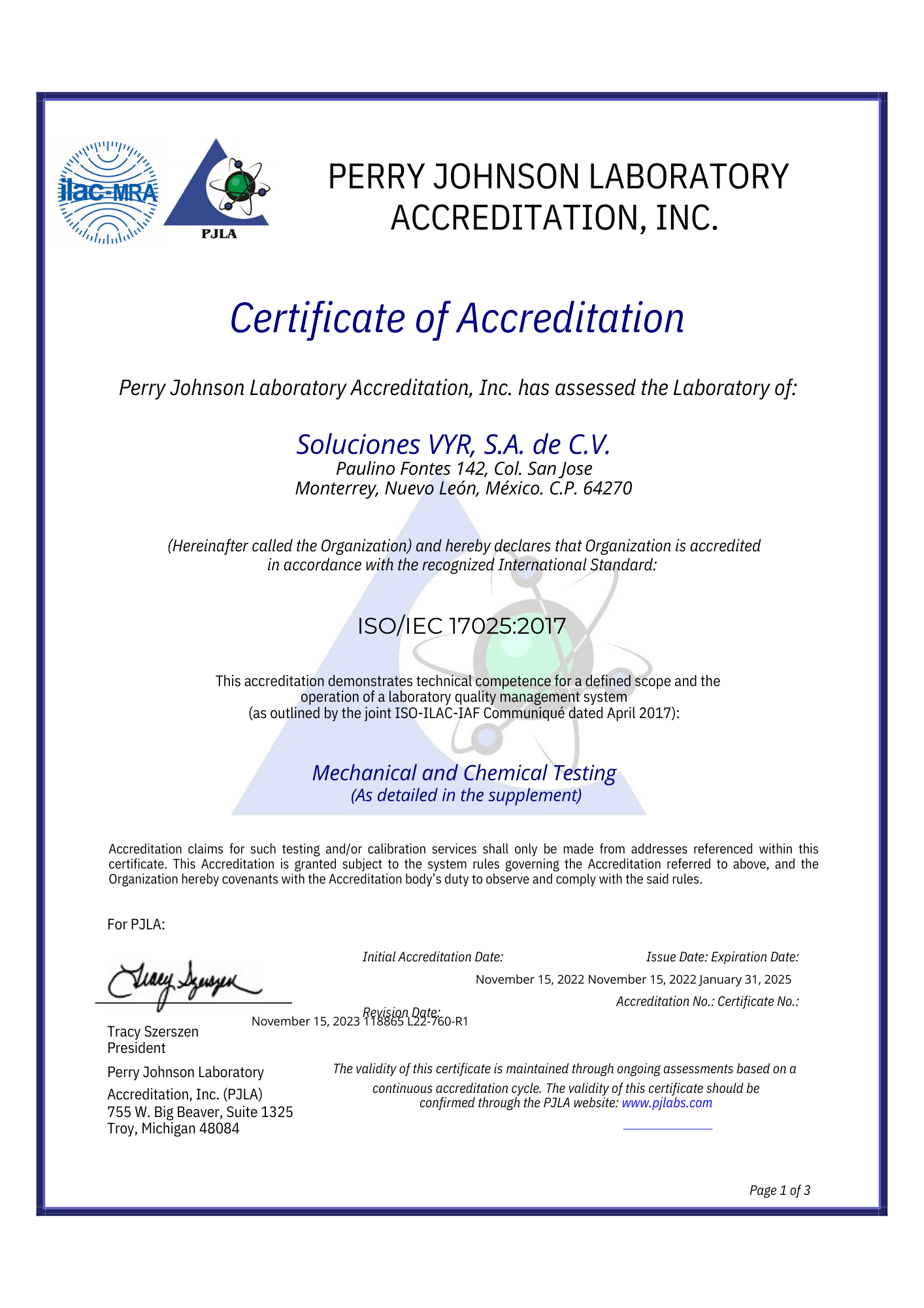 un certificado de acreditación de perry johnson Laboratory Accreditation Inc.