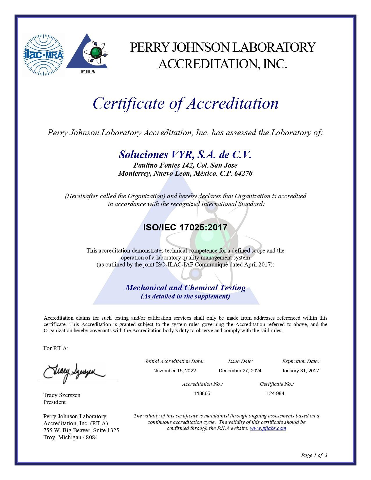 un certificado de acreditación de perry johnson Laboratory Accreditation Inc.