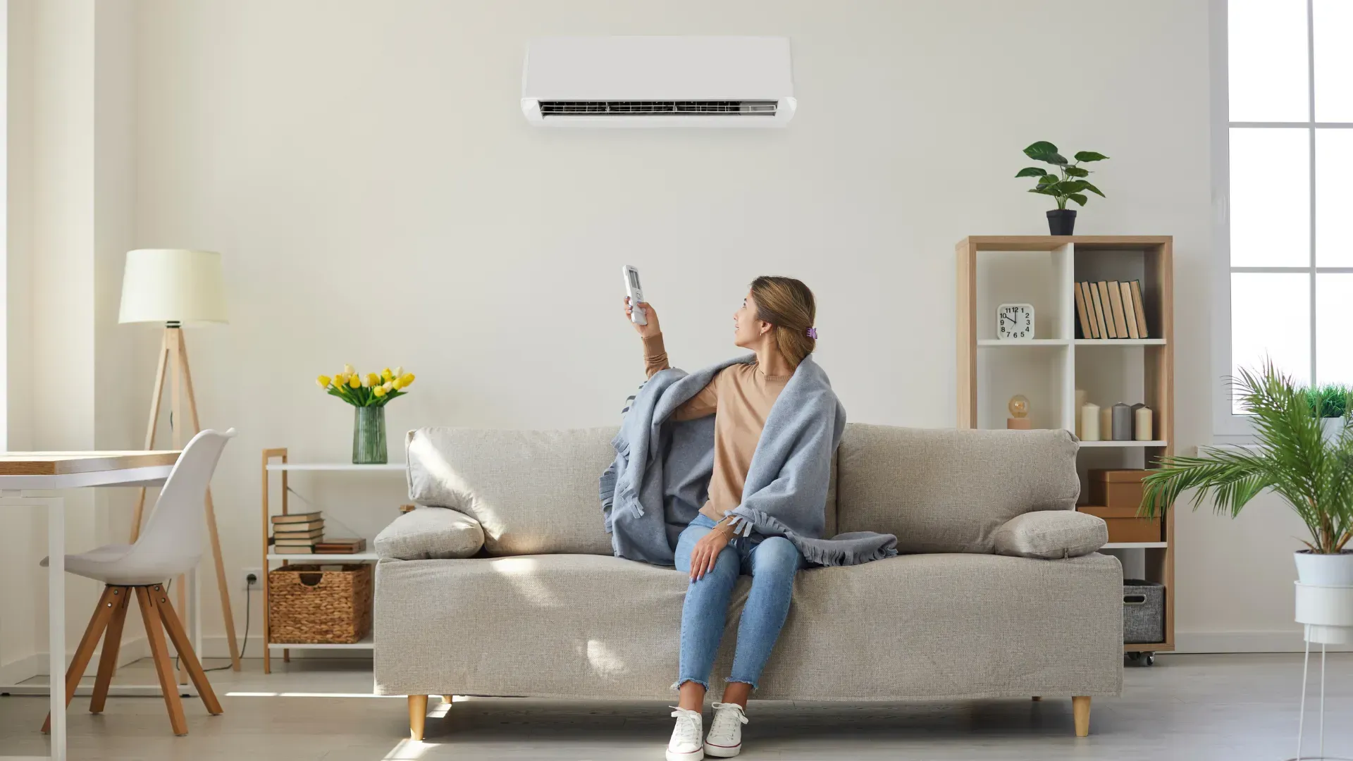 A woman is sitting on a couch holding a remote control.