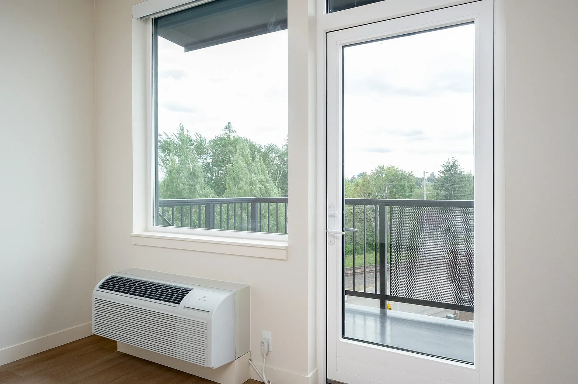 Window and balcony door with view of trees and railing