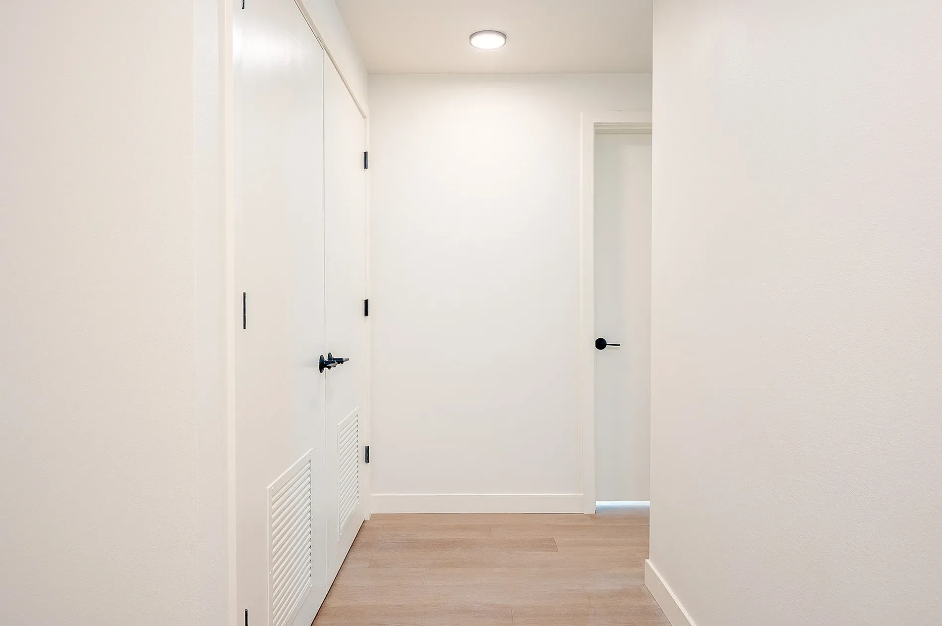 Hallway with white doors and light wood floors.