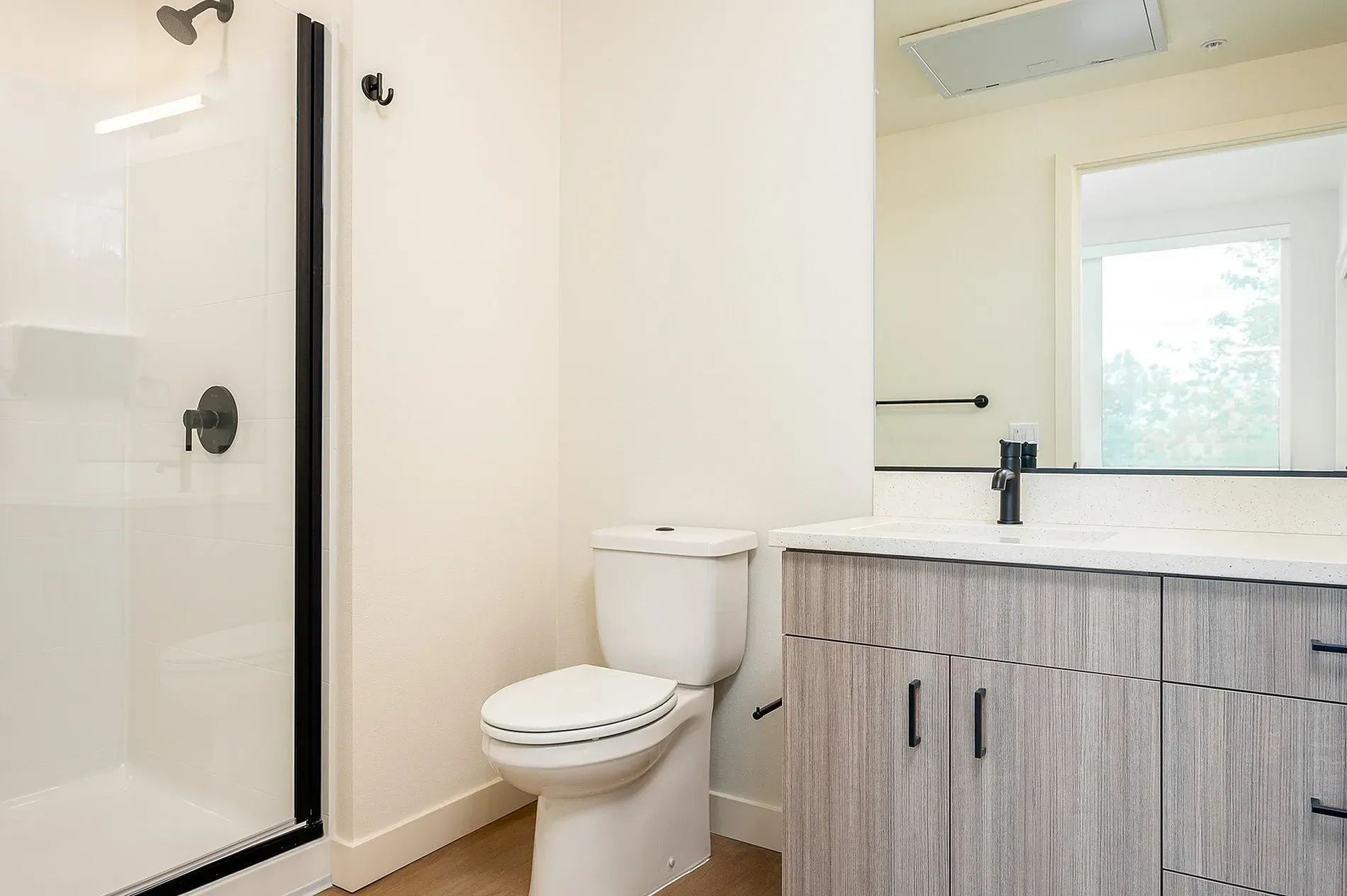 Modern bathroom with walk-in shower, vanity, and toilet.