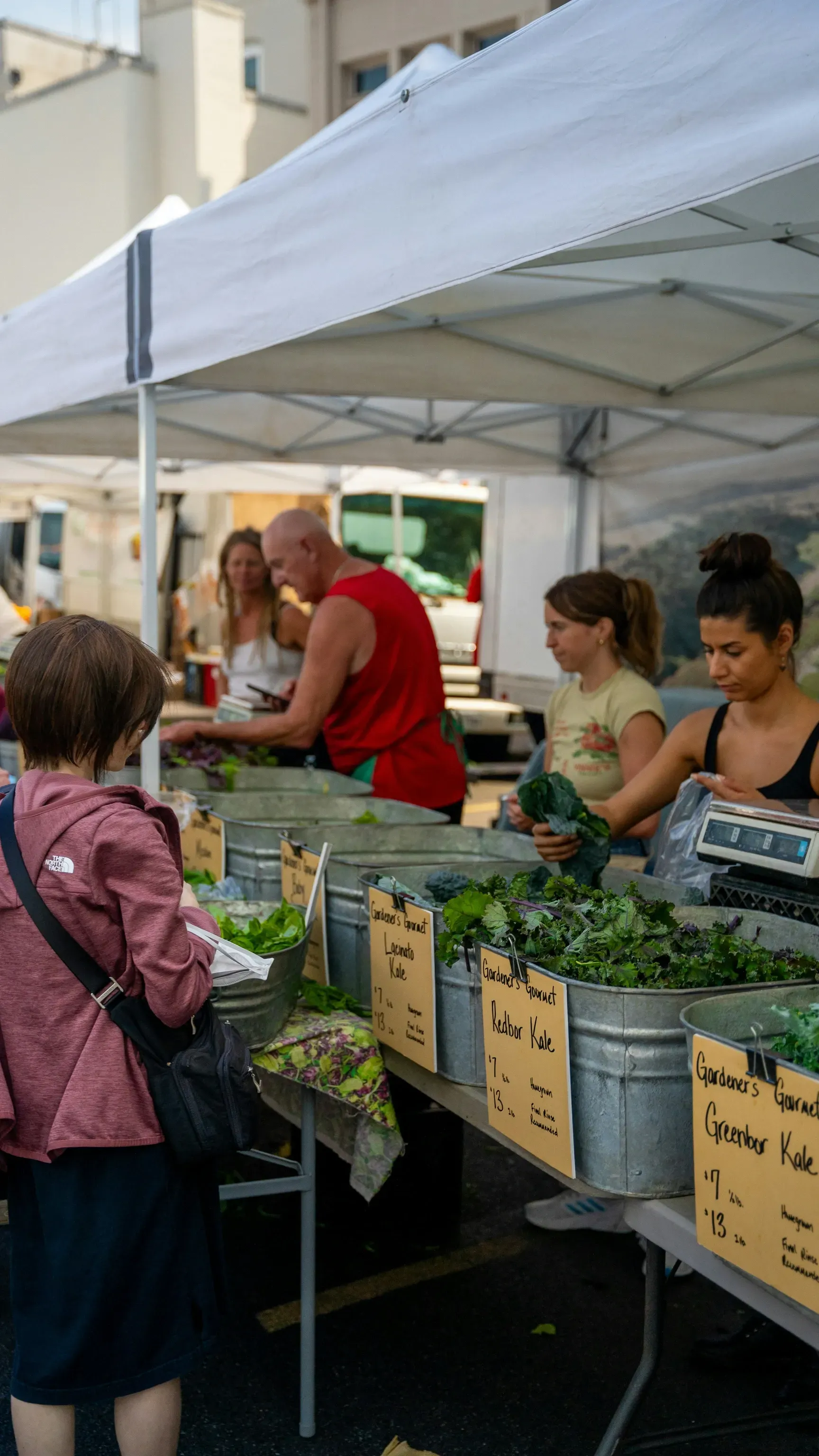 People shopping at a farmer's market.