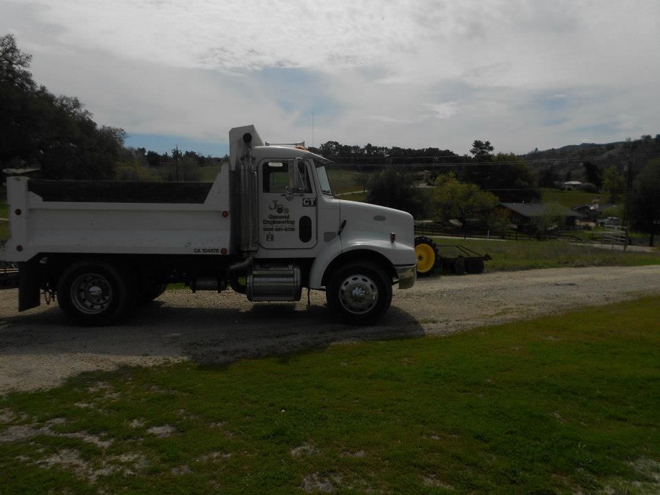 White dump truck parked on a gravel lot beside green grass and trees under an overcast sky