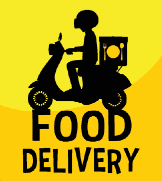 Silhouette di un fattorino di cibo su uno scooter con una borsa per il cibo, su sfondo giallo; testo