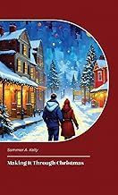 Couple walking through snowy town at night; Christmas lights and snow-covered buildings in background.
