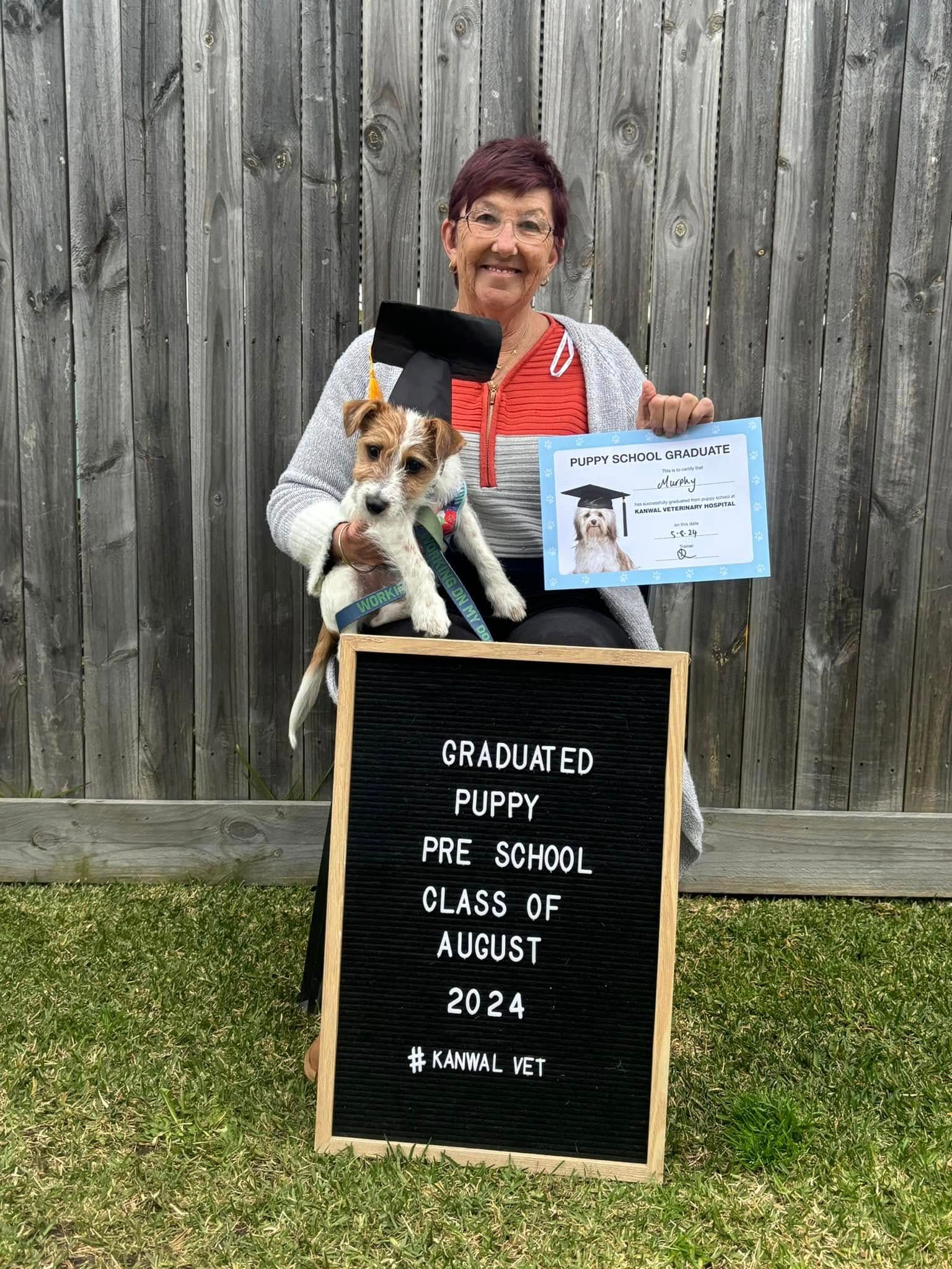 Woman and Puppy Graduating Pre-School — Kanwal Veterinary Hospital In Kanwal, NSW
