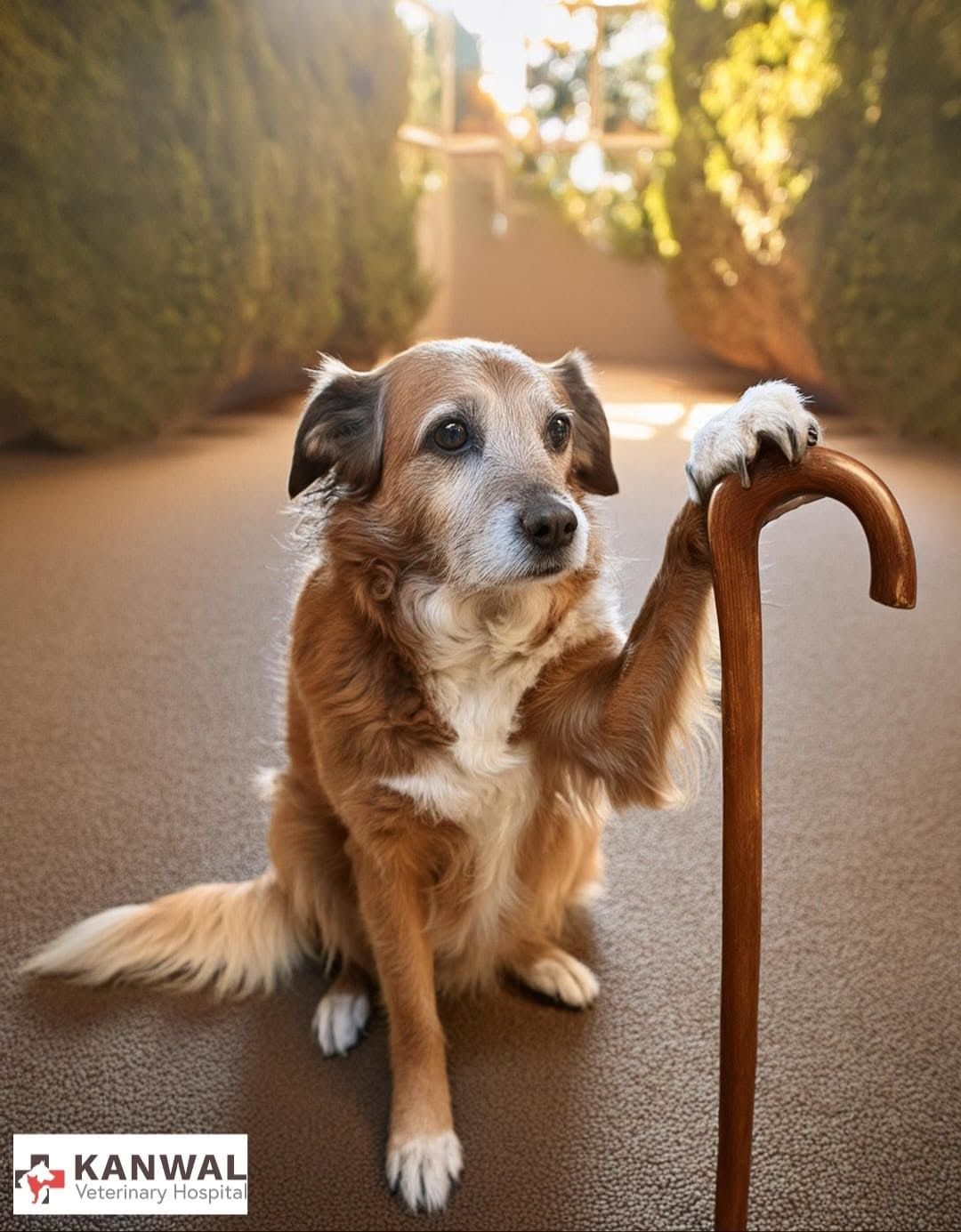 Older dog sitting with paw on cane— Kanwal Veterinary Hospital In Kanwal, NSW