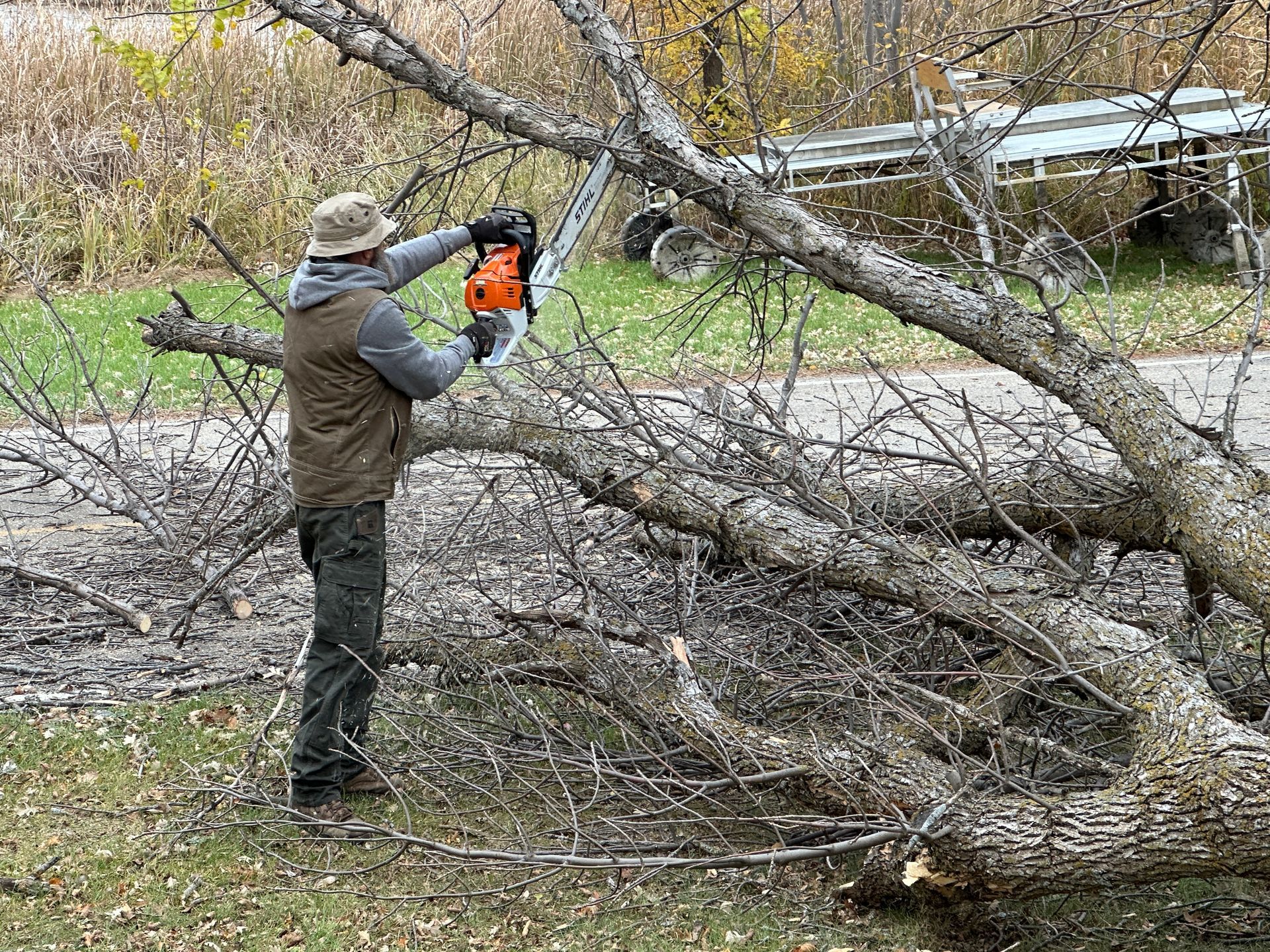 Person cutting branches with a chainsaw, outdoors. Person cutting branches with a chainsaw, outdoors.