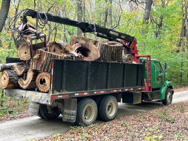 Green dump truck with a crane attachment parked on a road, trees in the background.