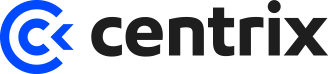 Un logotipo azul y negro de Centrix sobre un fondo blanco.