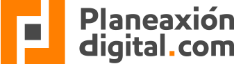 El logotipo de planeaxion digital.com es naranja y negro.