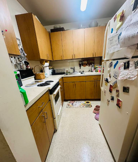 Narrow kitchen with light cabinets, countertops, appliances, and a cluttered refrigerator.