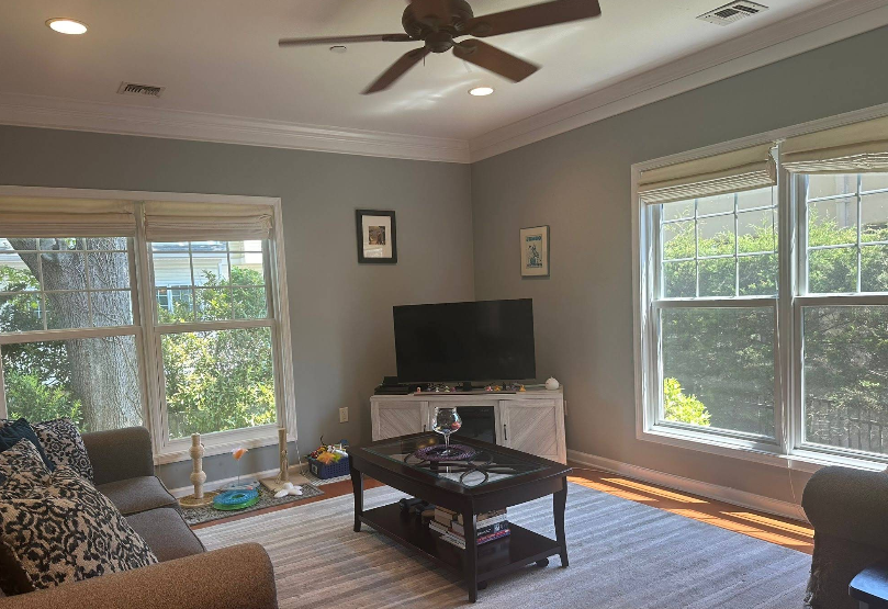 Living room with blue-gray walls, large windows, sofa, TV on a white cabinet, coffee table, and ceiling fan.