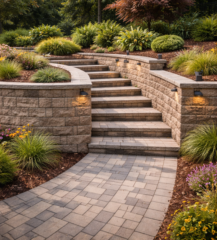 Outdoor dining set on a patio: wooden table with six wicker chairs, dishes set, white floral bowl.