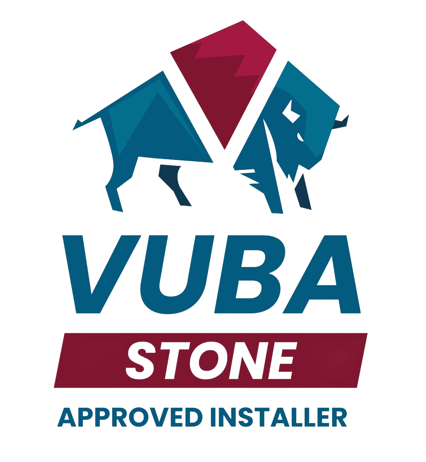 Logo for VUBA Stone featuring a stylized bison in blue and a red angular shape above 