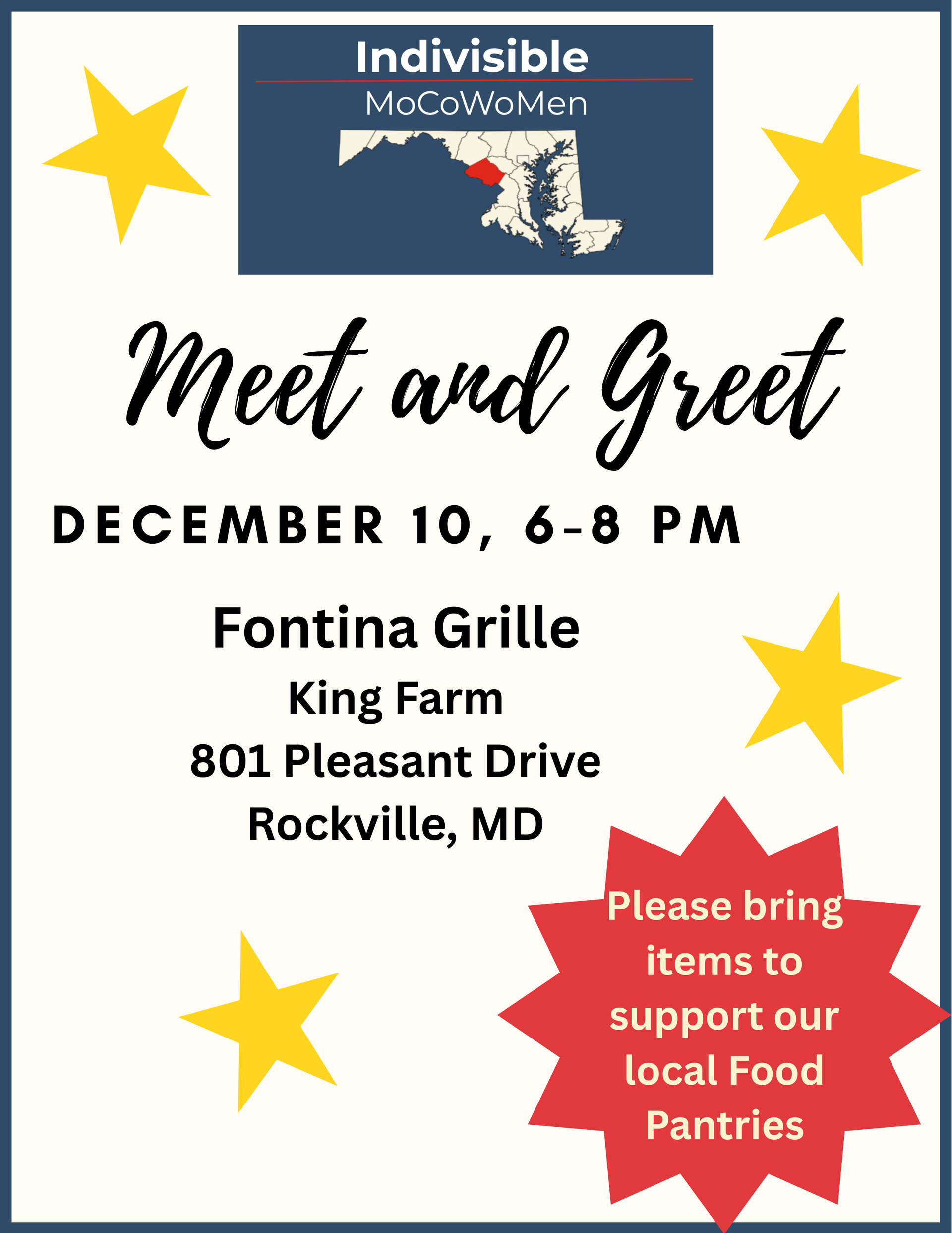 Flyer for Indivisible MoCoWoMen Meet and Greet on December 10, 6-8 PM at Fontina Grille in Rockville, MD, requesting food pantry donations.