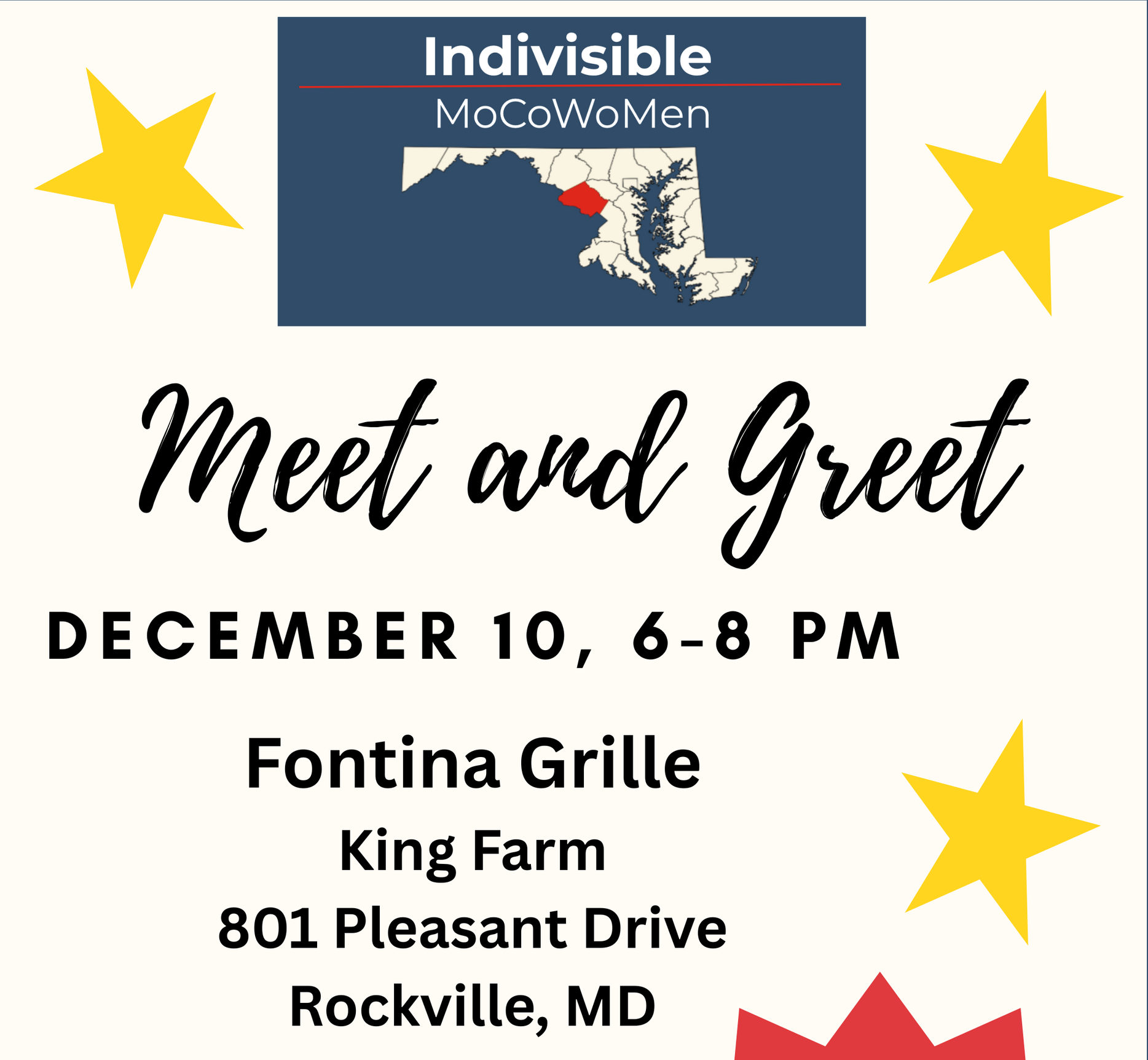 Flyer for Indivisible MoCoWoMen Meet and Greet. Date, time, location, and logo of Maryland.