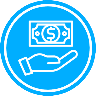 Hand receiving a dollar bill, icon in a blue circle.