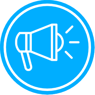White megaphone icon on a blue circle, representing an announcement.