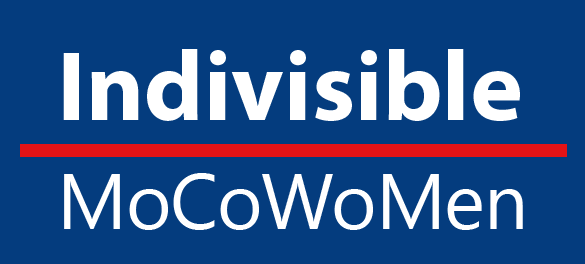 Logo for Indivisible MoCoWoMen in white text on a blue background, a red line underlines the word 